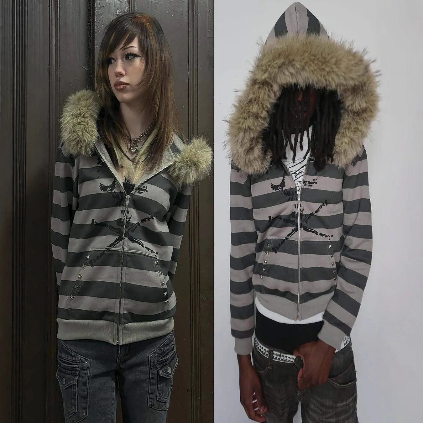 Skull Printing Gothic Plush Brim Warm Striped Color Matching Hoodie Autumn Winter Street Hip Hop Punk Cardigan Women Casual Coat