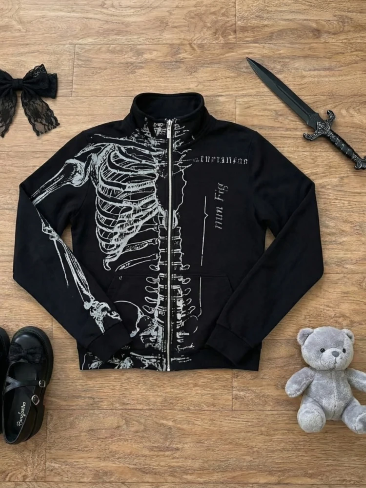 2026 Spring Gothic Print Design Coat Women Subculture Zip Up Hoodies Kawaii Y2k Casual Sweatshirts Female Korean Popular Clothes
