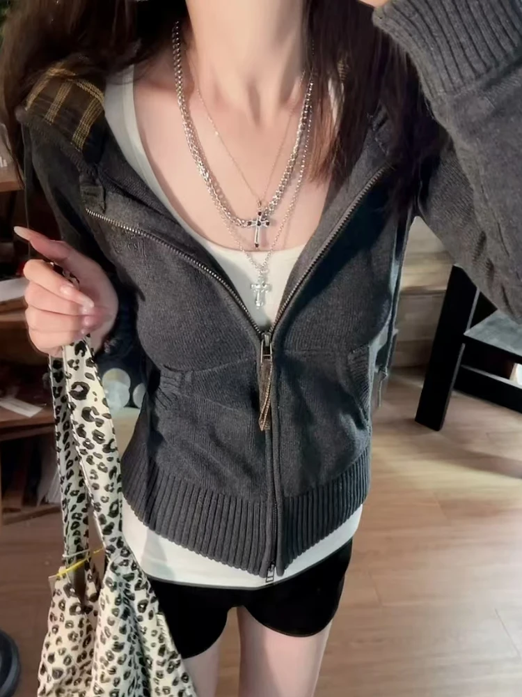 Aesthetic Vintage Grey Hooded Knit Cardigan Women High Street Retro Slim Zipper Hoodie Female Design Fashion Skinny Coat New