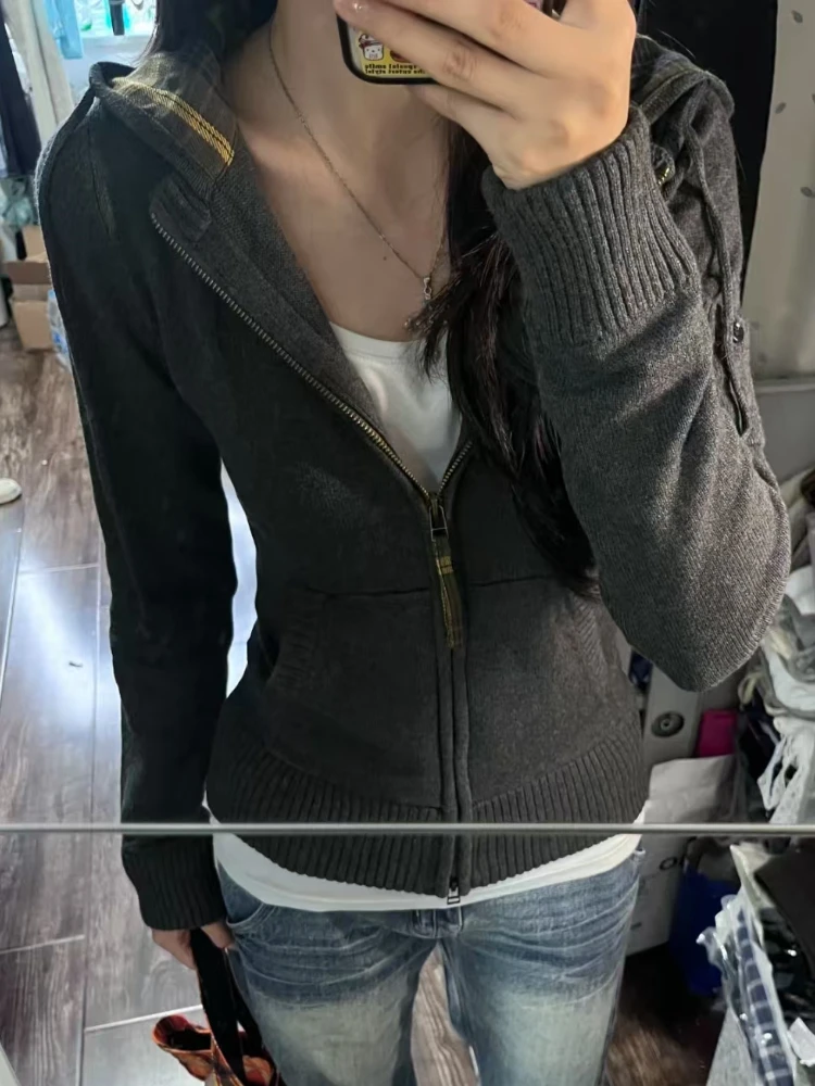 Aesthetic Vintage Grey Hooded Knit Cardigan Women High Street Retro Slim Zipper Hoodie Female Design Fashion Skinny Coat New