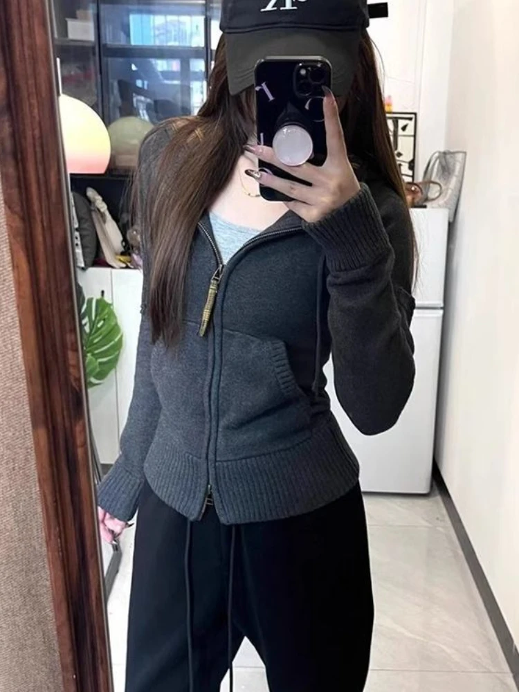 Aesthetic Vintage Grey Hooded Knit Cardigan Women High Street Retro Slim Zipper Hoodie Female Design Fashion Skinny Coat New