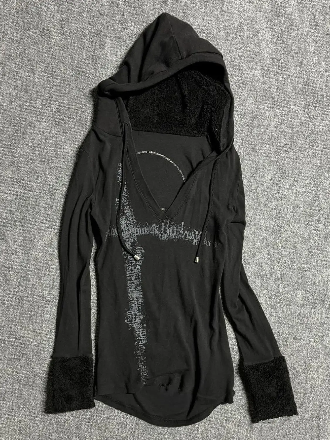 Deeptown Y2k Black Vintage Printed Hoodies Women V Neck Long Sleeve American Fashion Hooded Sweatshirt Streetwear Hip Hop Spring