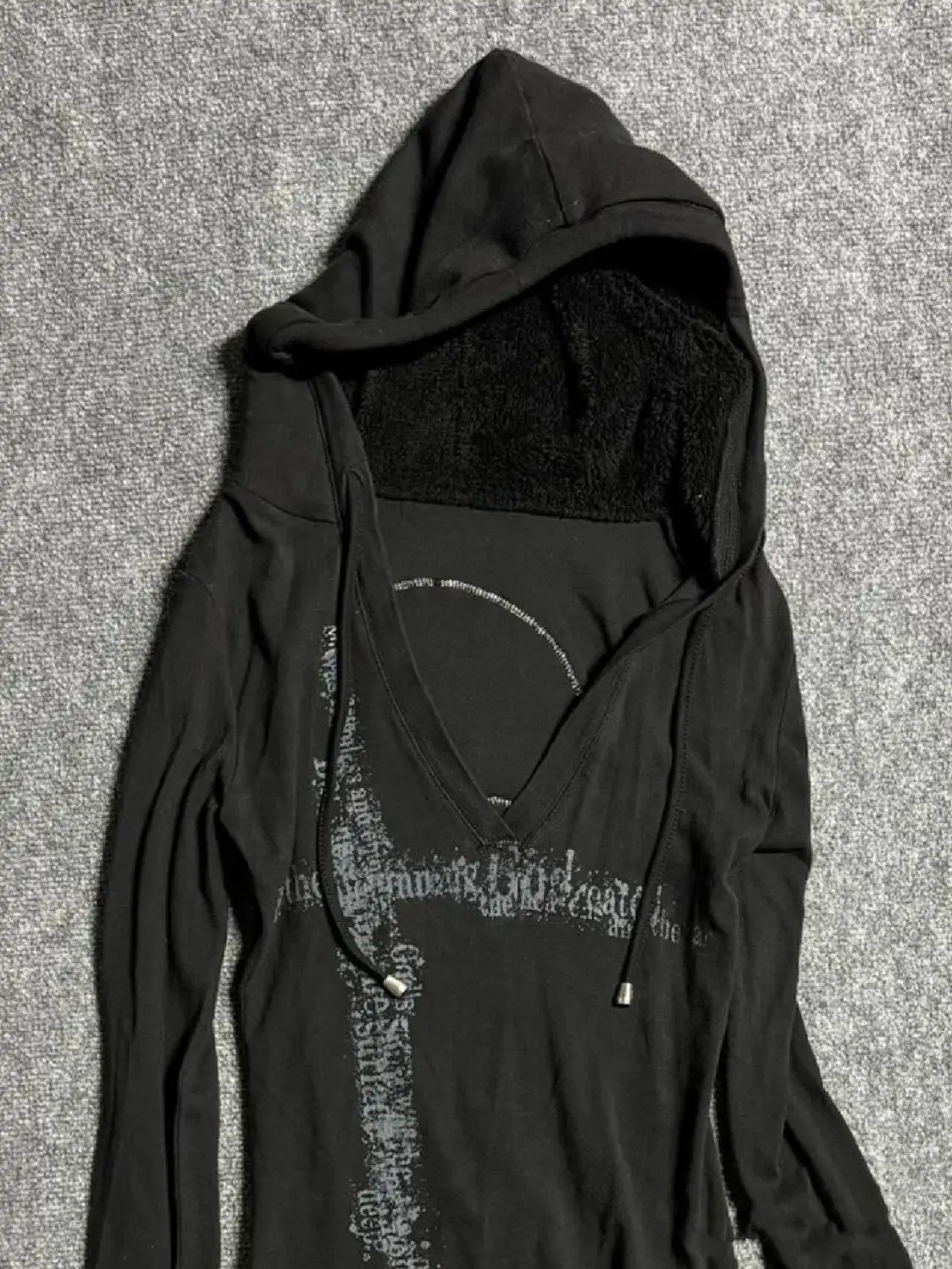 Deeptown Y2k Black Vintage Printed Hoodies Women V Neck Long Sleeve American Fashion Hooded Sweatshirt Streetwear Hip Hop Spring