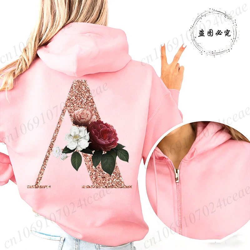 Women Zip Up Hoodies Rose Gold Letter A~Z Zipper Jackets Coats Autumn Winter Hoody Sweatshirt Fashion Casual Zip Pink Hoodie Top