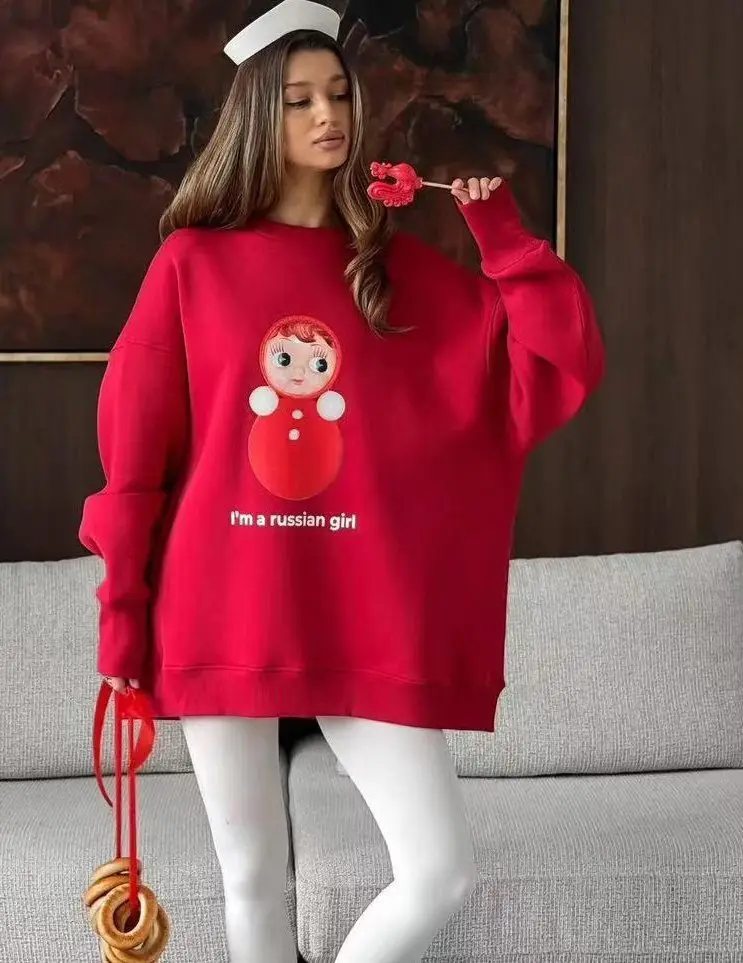 Fashion Russian Cute Red Cotton Oversized Sweatshirt - Adorable Matryoshka Doll Print "I'm A Russian Girl" Sweet Casual Loose