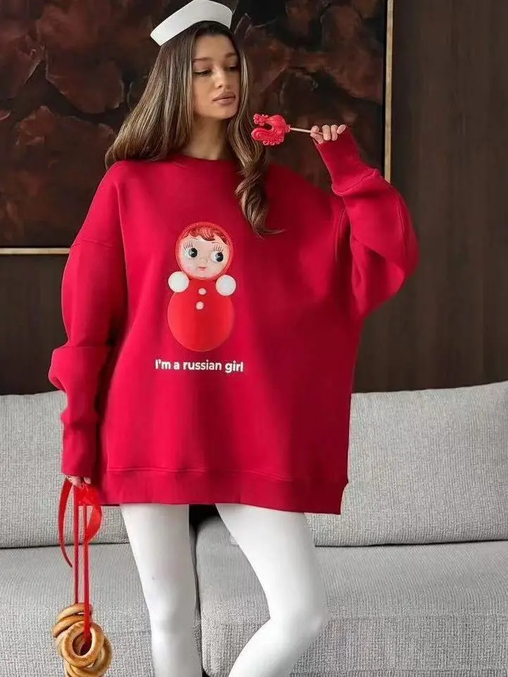 Fashion Russian Cute Red Cotton Oversized Sweatshirt - Adorable Matryoshka Doll Print "I'm A Russian Girl" Sweet Casual Loose