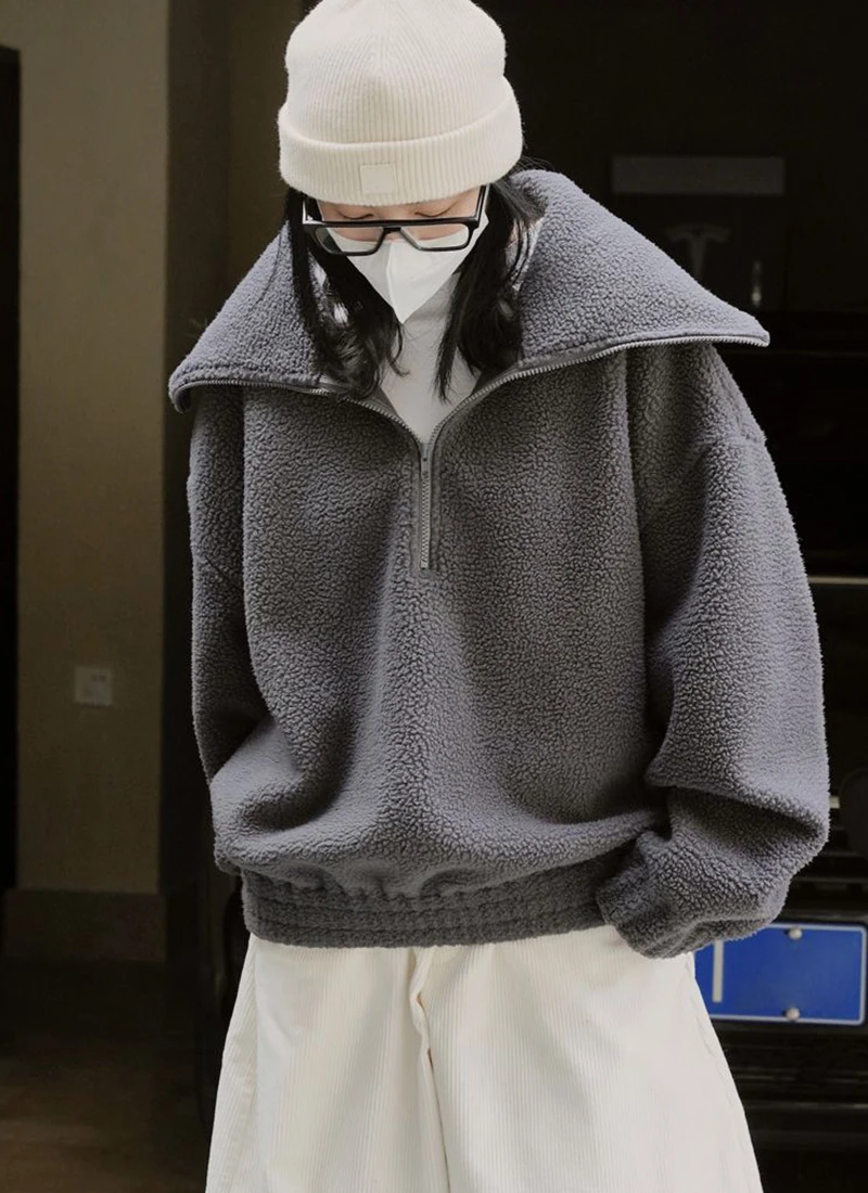 Japanese Polar Fleece Sweatshirts Fall Winter Lazy Wind Women Oversize Pullovers Chic Half Zipper Solid Warm Loose Casual Tops