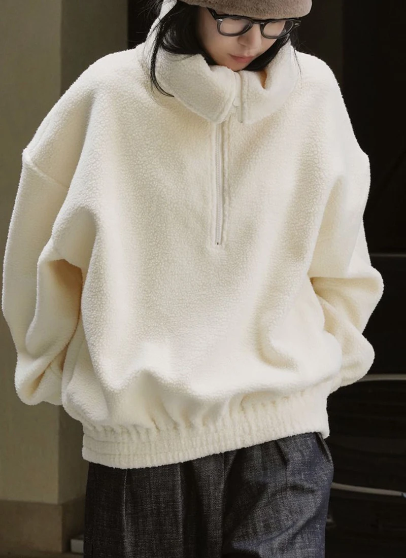 Japanese Polar Fleece Sweatshirts Fall Winter Lazy Wind Women Oversize Pullovers Chic Half Zipper Solid Warm Loose Casual Tops
