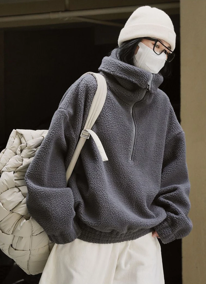 Japanese Polar Fleece Sweatshirts Fall Winter Lazy Wind Women Oversize Pullovers Chic Half Zipper Solid Warm Loose Casual Tops