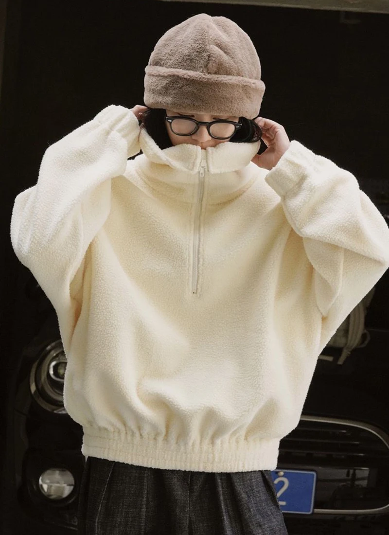 Japanese Polar Fleece Sweatshirts Fall Winter Lazy Wind Women Oversize Pullovers Chic Half Zipper Solid Warm Loose Casual Tops