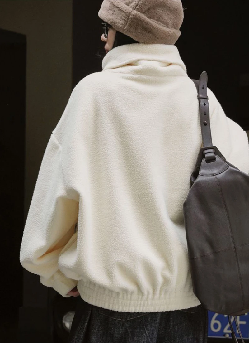 Japanese Polar Fleece Sweatshirts Fall Winter Lazy Wind Women Oversize Pullovers Chic Half Zipper Solid Warm Loose Casual Tops