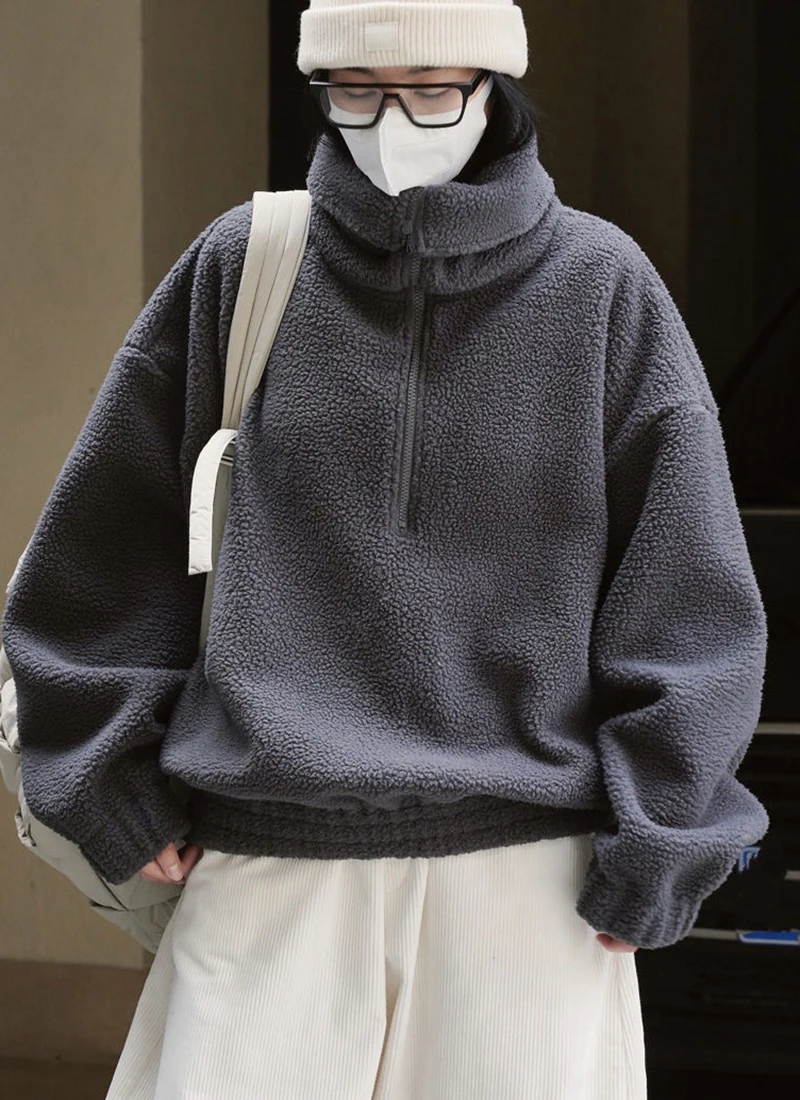 Japanese Polar Fleece Sweatshirts Fall Winter Lazy Wind Women Oversize Pullovers Chic Half Zipper Solid Warm Loose Casual Tops