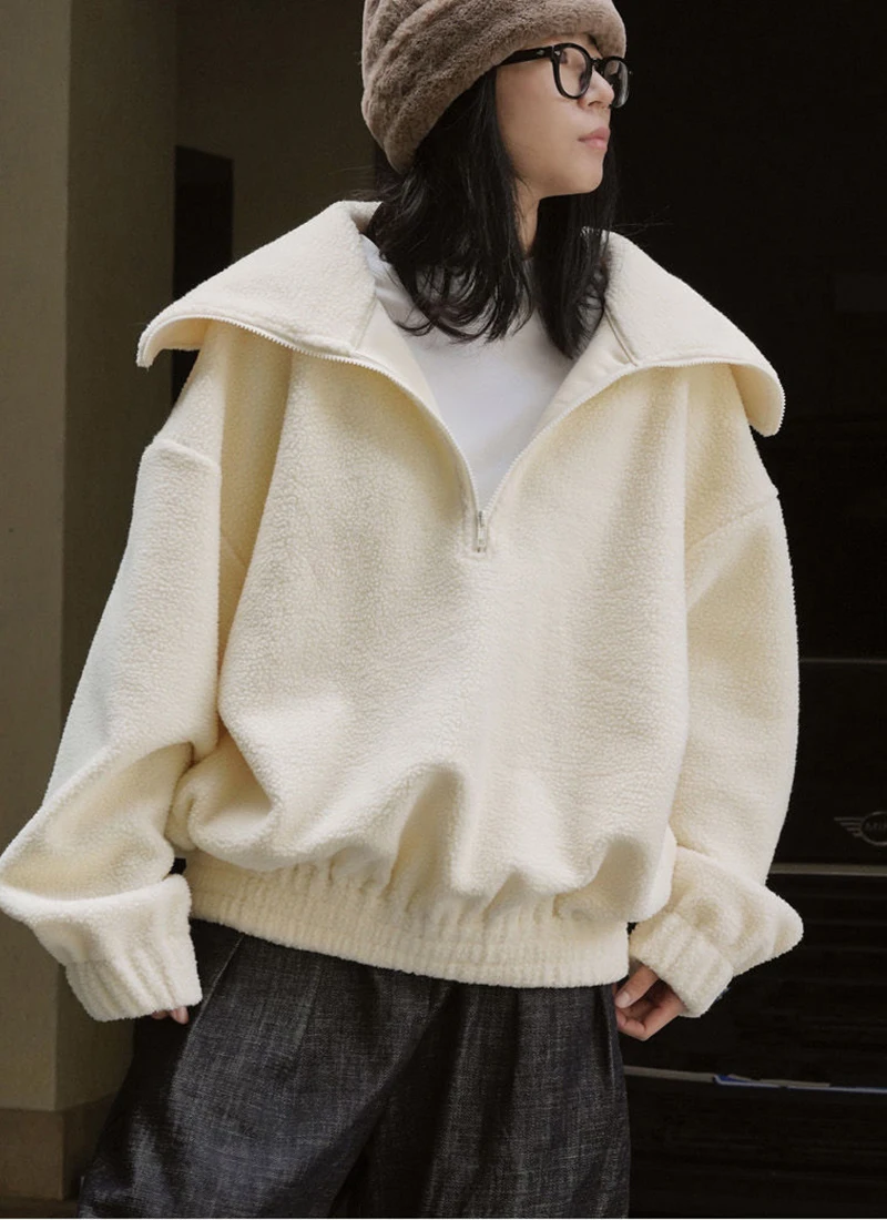 Japanese Polar Fleece Sweatshirts Fall Winter Lazy Wind Women Oversize Pullovers Chic Half Zipper Solid Warm Loose Casual Tops