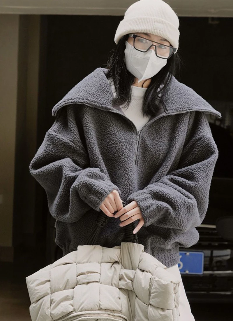 Japanese Polar Fleece Sweatshirts Fall Winter Lazy Wind Women Oversize Pullovers Chic Half Zipper Solid Warm Loose Casual Tops