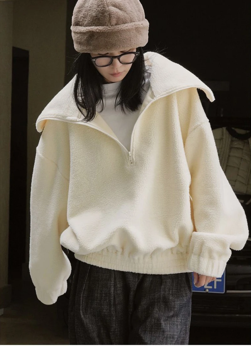 Japanese Polar Fleece Sweatshirts Fall Winter Lazy Wind Women Oversize Pullovers Chic Half Zipper Solid Warm Loose Casual Tops