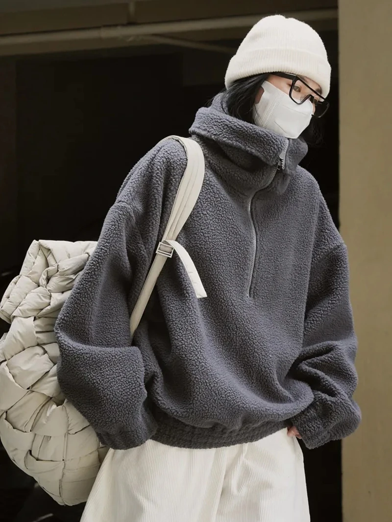 Japanese Polar Fleece Sweatshirts Fall Winter Lazy Wind Women Oversize Pullovers Chic Half Zipper Solid Warm Loose Casual Tops