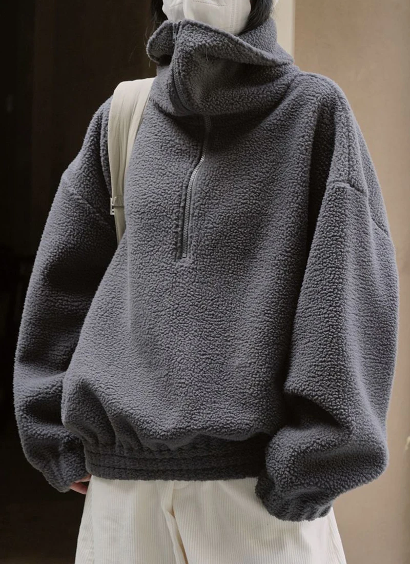 Japanese Polar Fleece Sweatshirts Fall Winter Lazy Wind Women Oversize Pullovers Chic Half Zipper Solid Warm Loose Casual Tops