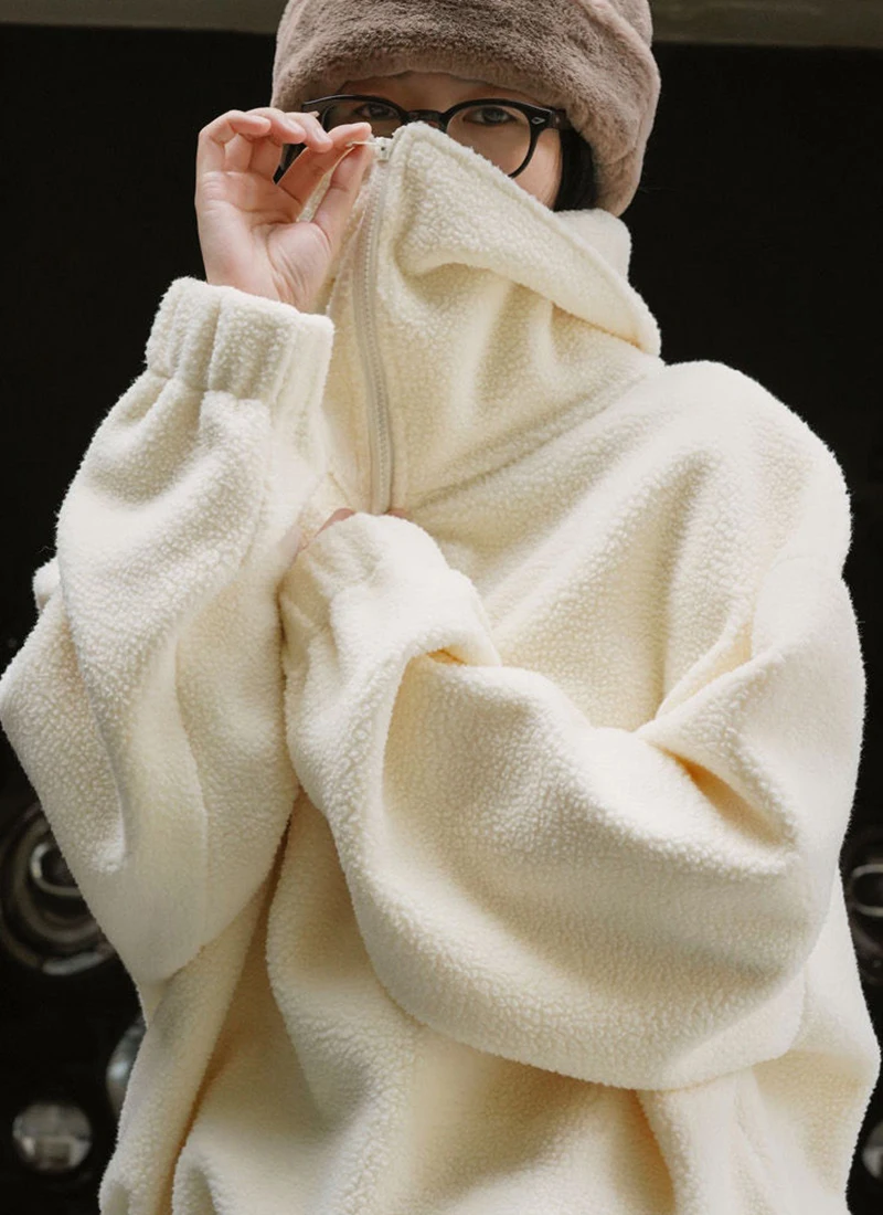 Japanese Polar Fleece Sweatshirts Fall Winter Lazy Wind Women Oversize Pullovers Chic Half Zipper Solid Warm Loose Casual Tops