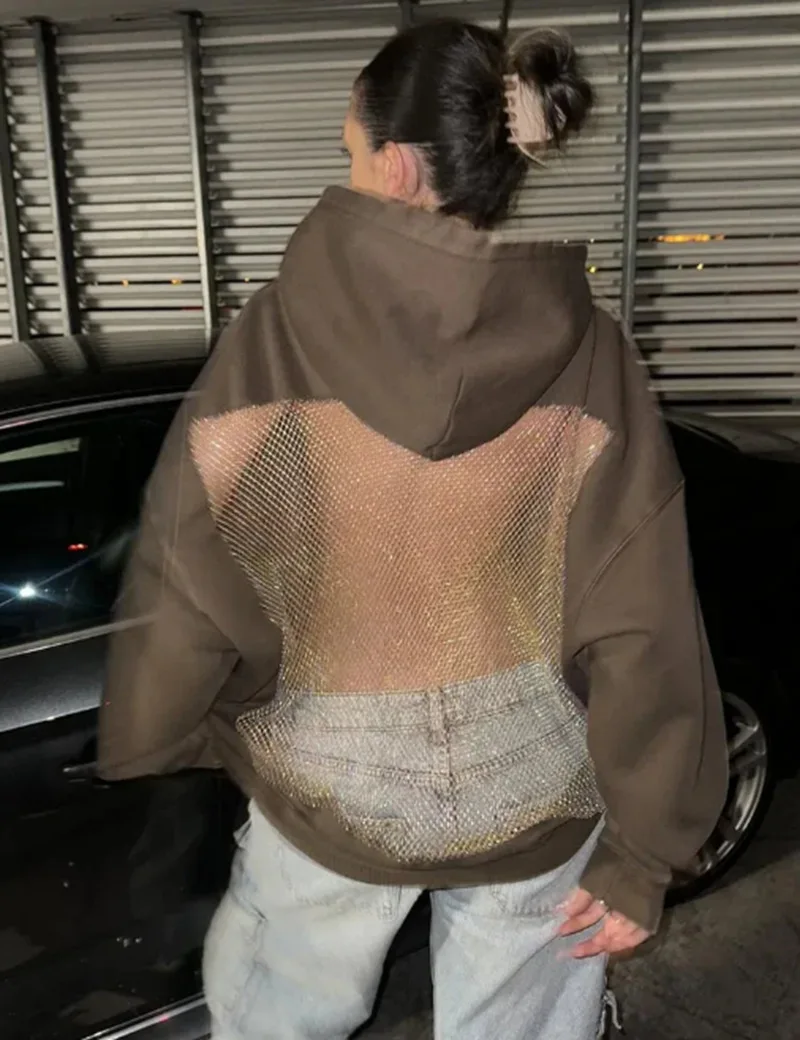Streetwear Trendy Hoodie Women Fashion Solid Color See Through Backless Hooded Pullover Sweatshirt Female High Street 2025 New