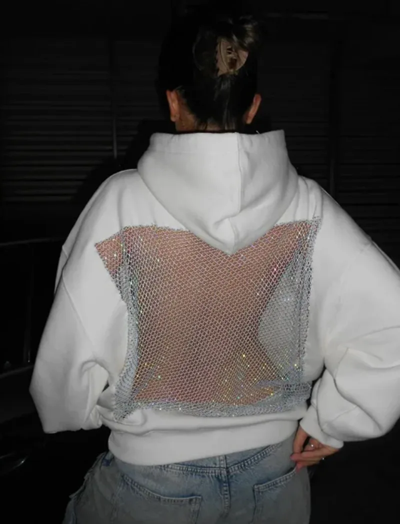 Streetwear Trendy Hoodie Women Fashion Solid Color See Through Backless Hooded Pullover Sweatshirt Female High Street 2025 New