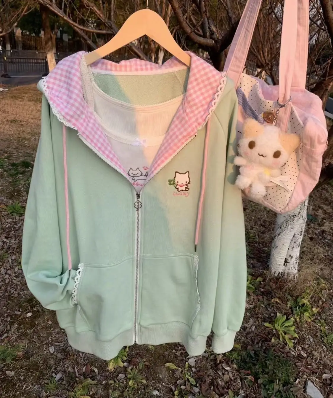 Nicemix Kawaii Cat Embroidery Zip Up Hoodie Women Cute Cutecore Harajuku Y2K Mint Pink Gingham Oversized Sweatshirt Jacket