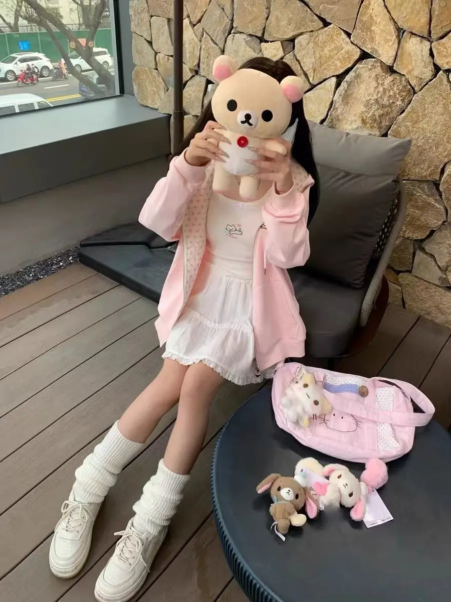 Nicemix Kawaii Cat Embroidery Zip Up Hoodie Women Cute Cutecore Harajuku Y2K Mint Pink Gingham Oversized Sweatshirt Jacket