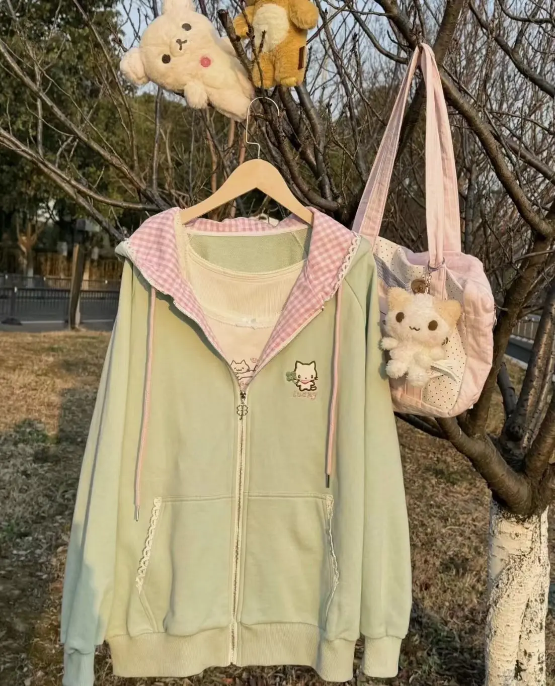 Nicemix Kawaii Cat Embroidery Zip Up Hoodie Women Cute Cutecore Harajuku Y2K Mint Pink Gingham Oversized Sweatshirt Jacket