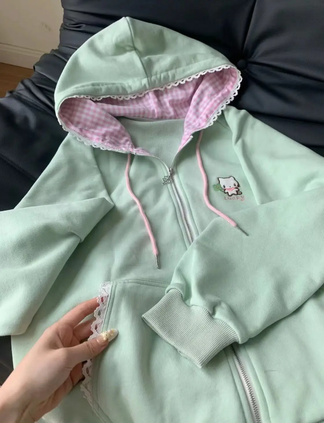 Nicemix Kawaii Cat Embroidery Zip Up Hoodie Women Cute Cutecore Harajuku Y2K Mint Pink Gingham Oversized Sweatshirt Jacket