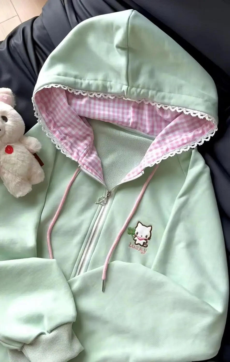 Nicemix Kawaii Cat Embroidery Zip Up Hoodie Women Cute Cutecore Harajuku Y2K Mint Pink Gingham Oversized Sweatshirt Jacket
