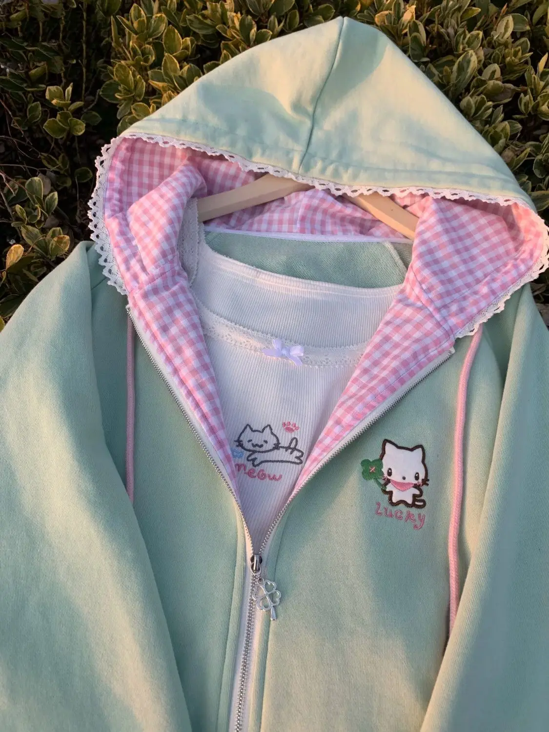 Nicemix Kawaii Cat Embroidery Zip Up Hoodie Women Cute Cutecore Harajuku Y2K Mint Pink Gingham Oversized Sweatshirt Jacket