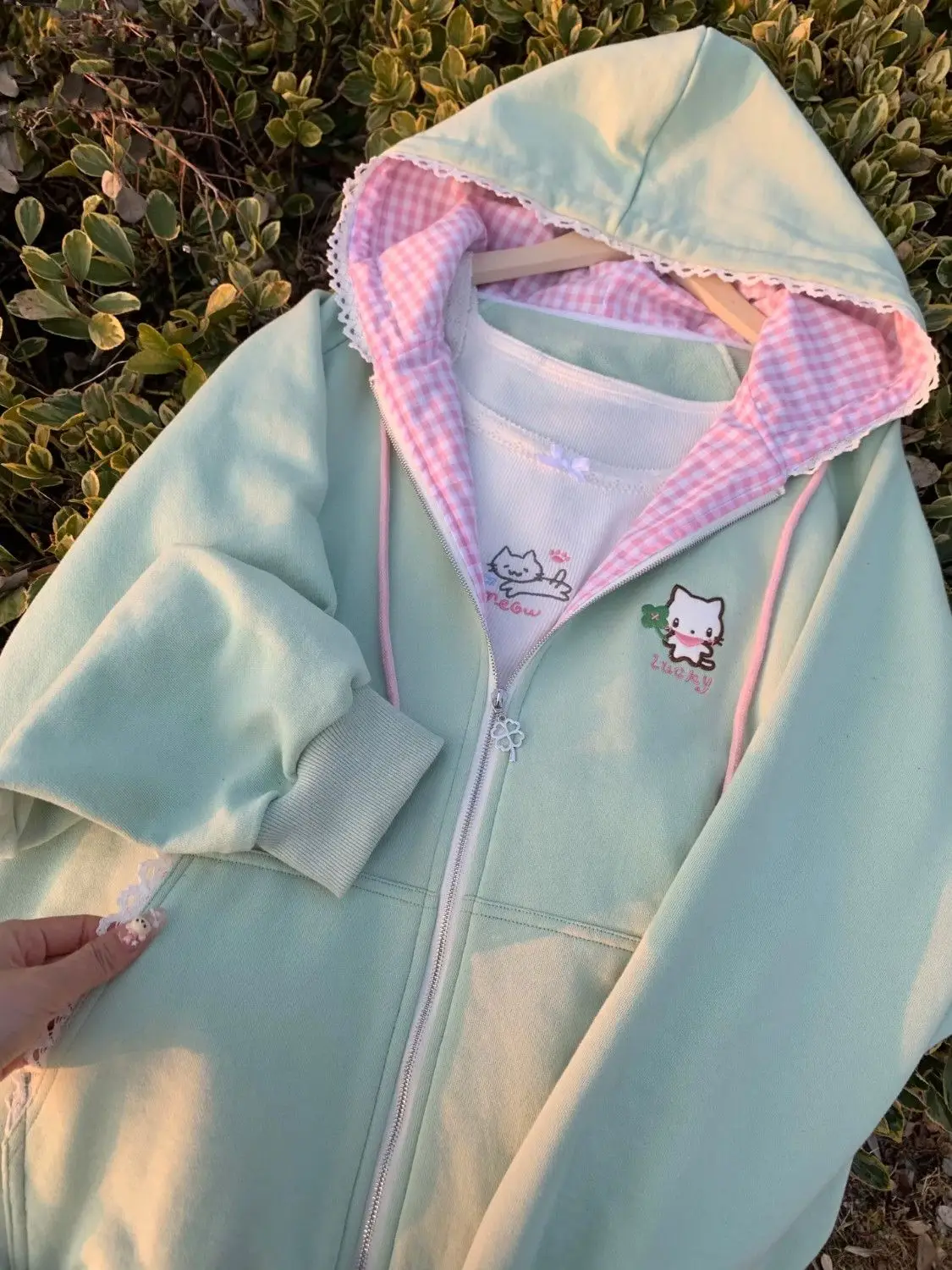 Nicemix Kawaii Cat Embroidery Zip Up Hoodie Women Cute Cutecore Harajuku Y2K Mint Pink Gingham Oversized Sweatshirt Jacket