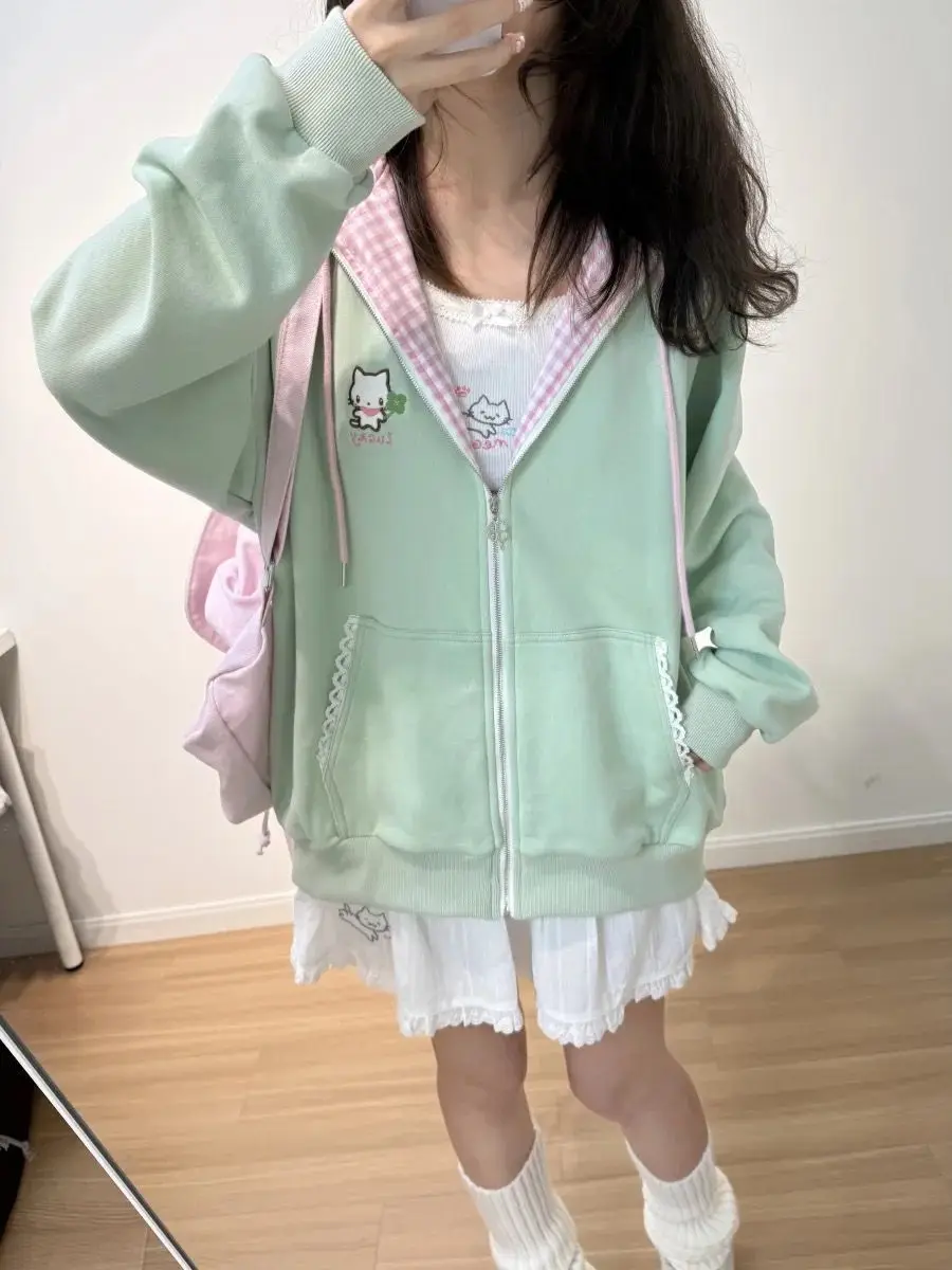 Nicemix Kawaii Cat Embroidery Zip Up Hoodie Women Cute Cutecore Harajuku Y2K Mint Pink Gingham Oversized Sweatshirt Jacket