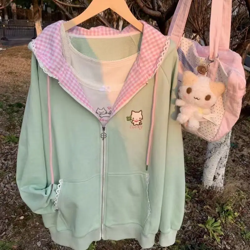 Nicemix Kawaii Cat Embroidery Zip Up Hoodie Women Cute Cutecore Harajuku Y2K Mint Pink Gingham Oversized Sweatshirt Jacket