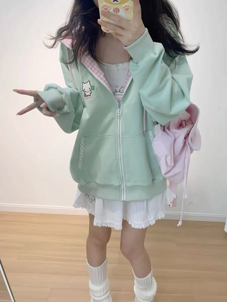 Nicemix Kawaii Cat Embroidery Zip Up Hoodie Women Cute Cutecore Harajuku Y2K Mint Pink Gingham Oversized Sweatshirt Jacket