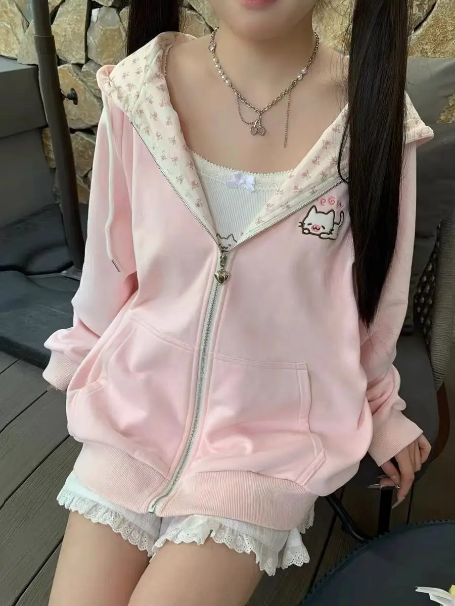 Nicemix Kawaii Cat Embroidery Zip Up Hoodie Women Cute Cutecore Harajuku Y2K Mint Pink Gingham Oversized Sweatshirt Jacket