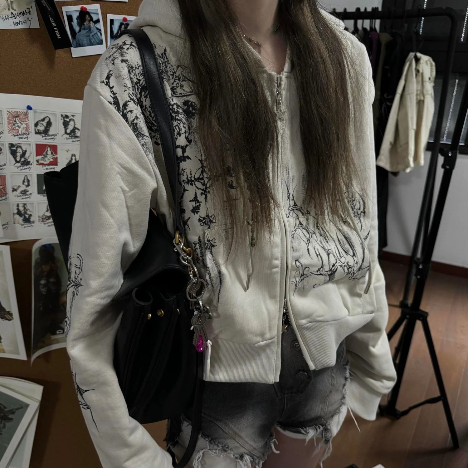 Autumn Y2k Aesthetic Cropped Hoodies Women Casual Printing Double Zippers Harajuku Punk Sweatshirt Gothic Fairy Grunge Jackets