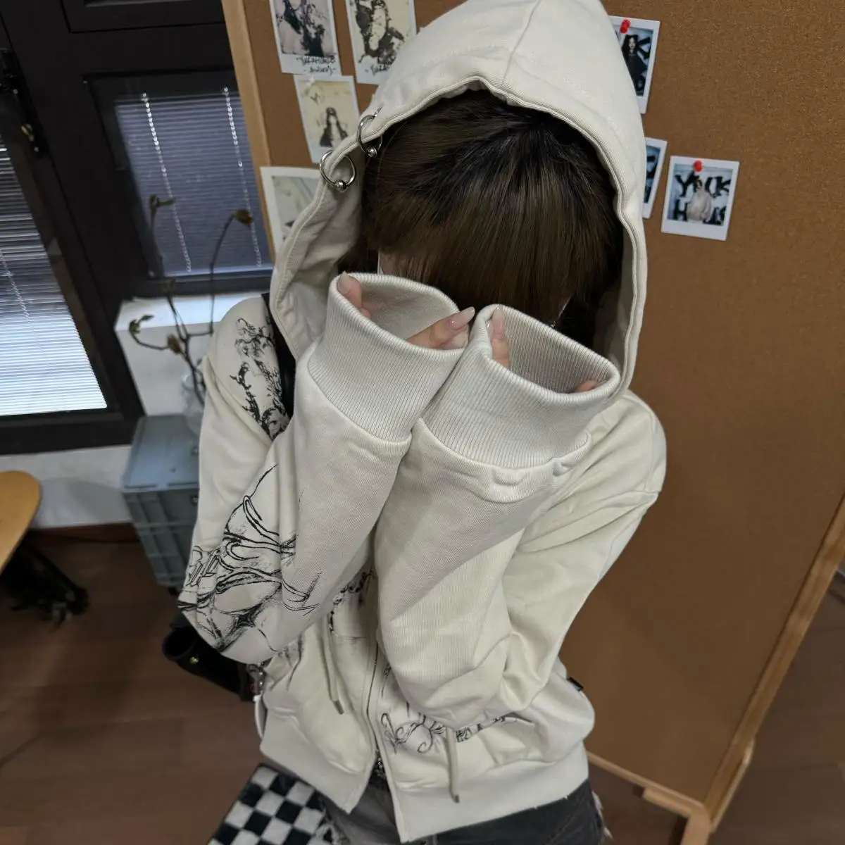Autumn Y2k Aesthetic Cropped Hoodies Women Casual Printing Double Zippers Harajuku Punk Sweatshirt Gothic Fairy Grunge Jackets