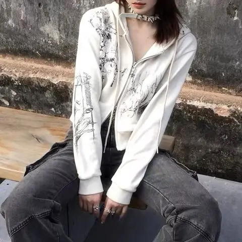 Autumn Y2k Aesthetic Cropped Hoodies Women Casual Printing Double Zippers Harajuku Punk Sweatshirt Gothic Fairy Grunge Jackets