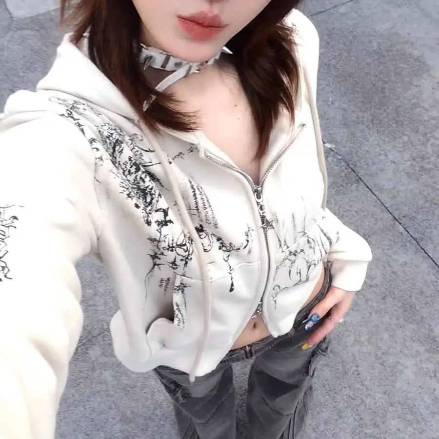 Autumn Y2k Aesthetic Cropped Hoodies Women Casual Printing Double Zippers Harajuku Punk Sweatshirt Gothic Fairy Grunge Jackets