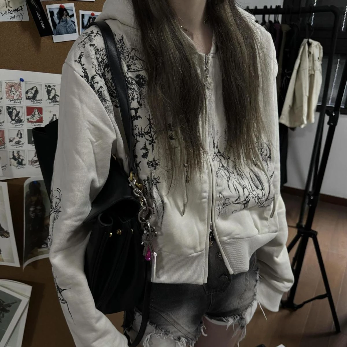 Autumn Y2k Aesthetic Cropped Hoodies Women Casual Printing Double Zippers Harajuku Punk Sweatshirt Gothic Fairy Grunge Jackets