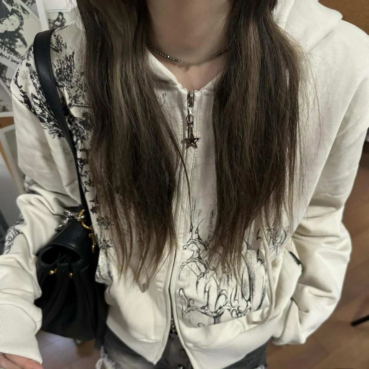 Autumn Y2k Aesthetic Cropped Hoodies Women Casual Printing Double Zippers Harajuku Punk Sweatshirt Gothic Fairy Grunge Jackets