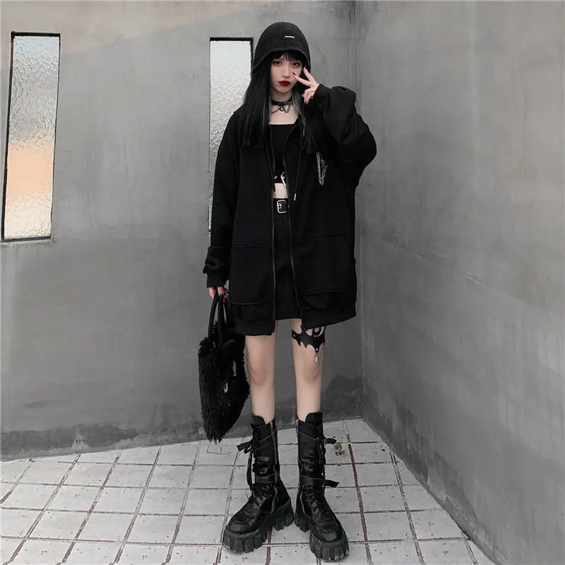 Autumn Womens Harajuku Punk Gothic Girls Black Devil Horn Hoodies Sweatshirt Hooded Japanese Hip Pop Plus Size Top Y2k Clothes
