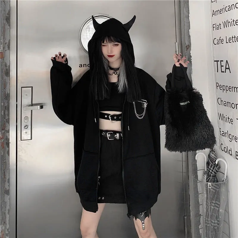 Autumn Womens Harajuku Punk Gothic Girls Black Devil Horn Hoodies Sweatshirt Hooded Japanese Hip Pop Plus Size Top Y2k Clothes