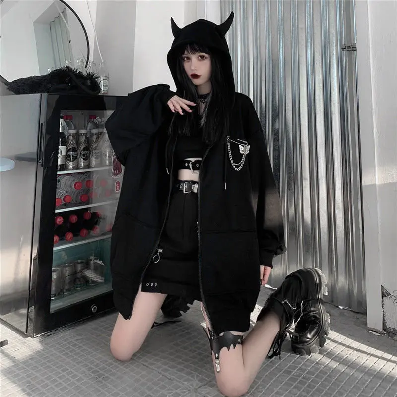 Autumn Womens Harajuku Punk Gothic Girls Black Devil Horn Hoodies Sweatshirt Hooded Japanese Hip Pop Plus Size Top Y2k Clothes