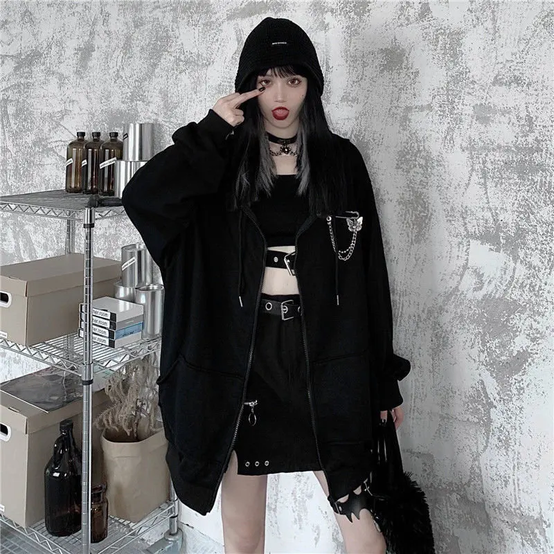 Autumn Womens Harajuku Punk Gothic Girls Black Devil Horn Hoodies Sweatshirt Hooded Japanese Hip Pop Plus Size Top Y2k Clothes