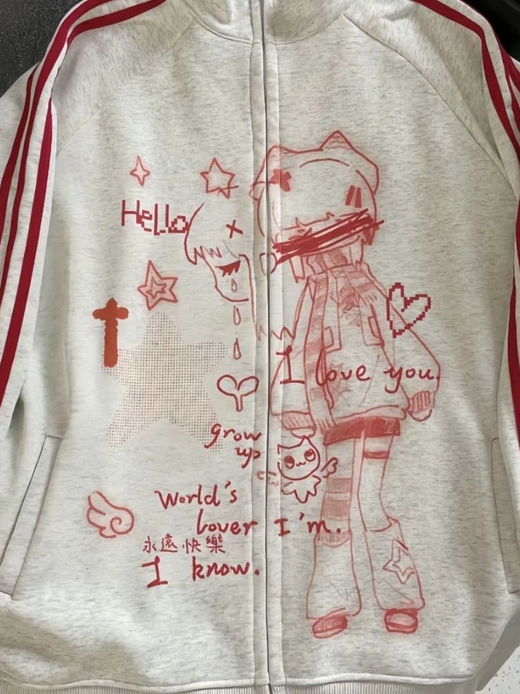 Japanese Y2k Aesthetic Stand Neck Sweatshirts Cute Kawaii Striped Anime Hoodie Harajuku Jk Casual Streetwear Loose Hoodies Women