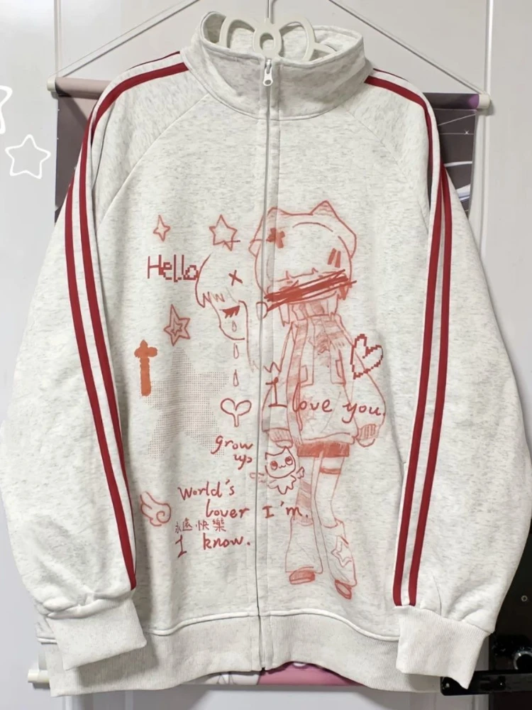 Japanese Y2k Aesthetic Stand Neck Sweatshirts Cute Kawaii Striped Anime Hoodie Harajuku Jk Casual Streetwear Loose Hoodies Women