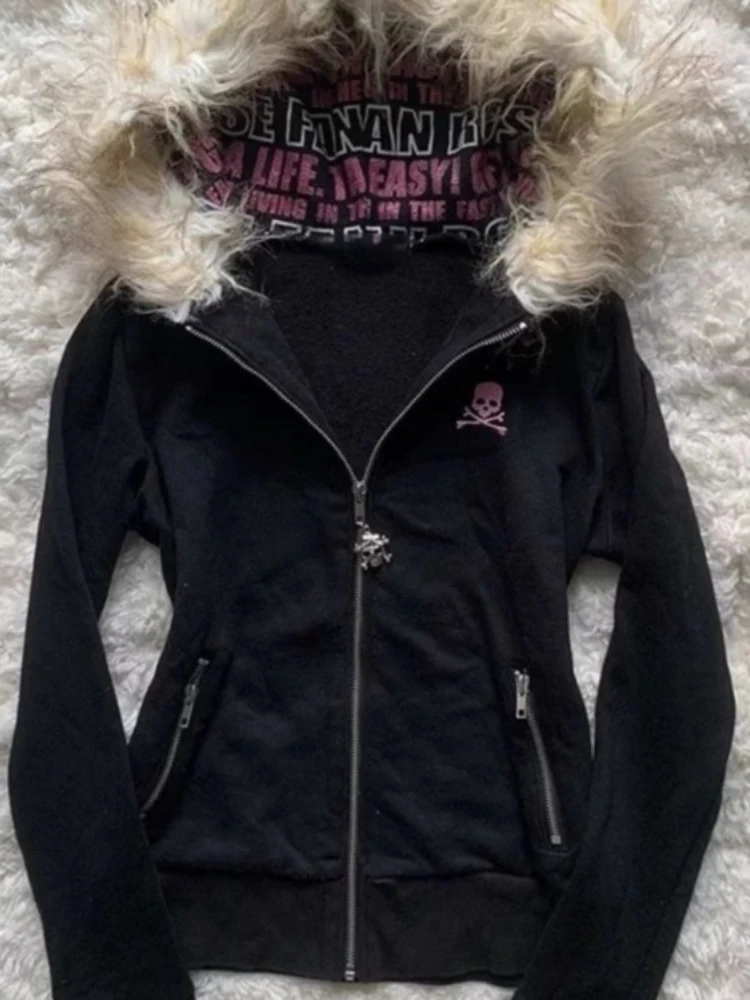 Black Goth Hoodie Women's Clothes Letter Skull Embroidery Zipper Y2k Coat Fashion Hooded Jacket Japanese Sweatshirts Y2K Tops
