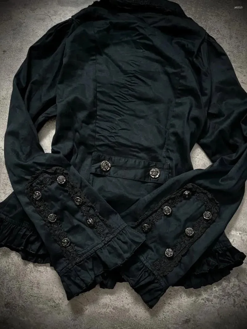 Harajuku Gothic Black Lace Trimmed Turtleneck Top Women Lace Trimmed ButtonUp Hoodie Y2K Trendy Streetwear Casual Ruffled Jacket
