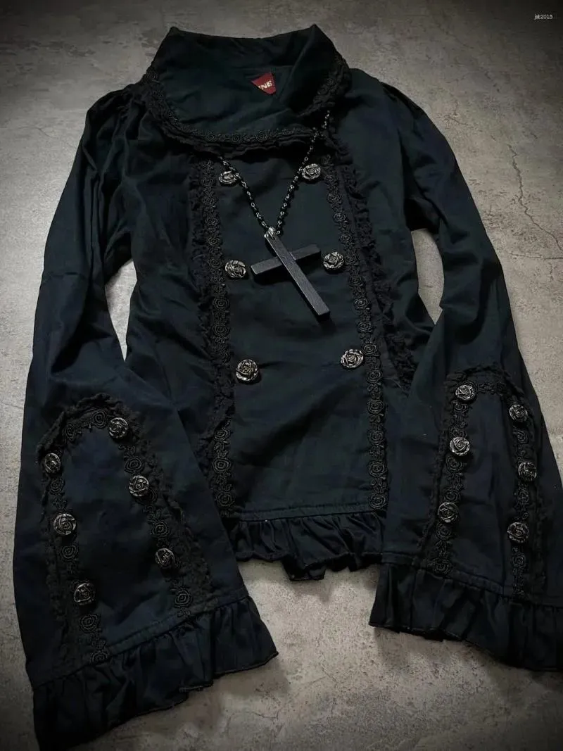 Harajuku Gothic Black Lace Trimmed Turtleneck Top Women Lace Trimmed ButtonUp Hoodie Y2K Trendy Streetwear Casual Ruffled Jacket